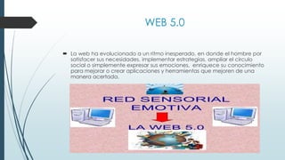 WEB 5.0
 La web ha evolucionado a un ritmo inesperado, en donde el hombre por
satisfacer sus necesidades, implementar estrategias, ampliar el círculo
social o simplemente expresar sus emociones, enriquece su conocimiento
para mejorar o crear aplicaciones y herramientas que mejoren de una
manera acertada.
 