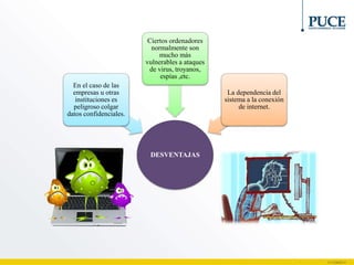DESVENTAJAS
En el caso de las
empresas u otras
instituciones es
peligroso colgar
datos confidenciales.
Ciertos ordenadores
normalmente son
mucho más
vulnerables a ataques
de virus, troyanos,
espías ,etc.
La dependencia del
sistema a la conexión
de internet.
 