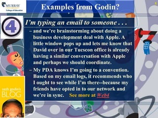 5
      Examples from Godin?
I’m typing an email to someone . . .
 ‒ and we‟re brainstorming about doing a
   business dev...