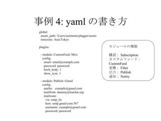事例 4: yaml の書き方 global: assets_path: /Users/username/plagger/assets timezone: Asia/Tokyo plugins: - module: CustomFeed::Mixi config: email: email@example.com password: password fetch_body: 1 show_icon: 1 - module: Publish::Gmail config: mailto:  [email_address] mailfrom: dummy@teachat.org mailroute: via: smtp_tls host: smtp.gmail.com:587 username: example@gmail.com password: password モジュールの種類 購読： Subscription カスタムフィード： CustomFeed 変換： Filter 出力： Publish 通知： Notiry 