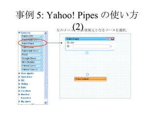 事例 5: Yahoo! Pipes の使い方 (2) 左のメニューから情報元となるソースを選択。 