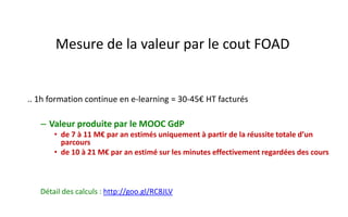 .. 1h formation continue en e-learning = 30-45€HT facturés 
–Valeur produite par le MOOC GdP 
•de 7 à 11 M€par an estimés uniquement à partir de la réussite totale d’un parcours 
•de 10 à 21 M€par an estimé sur les minutes effectivement regardées des cours 
Détail des calculs : http://goo.gl/RC8JLV 
Mesure de la valeur par le cout FOAD  