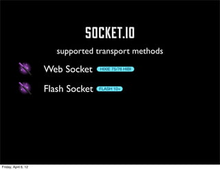 socket.io
                         supported transport methods

                      Web Socket     HIXIE 75/76 HIBI




                      Flash Socket   FLASH 10+




Friday, April 6, 12
 