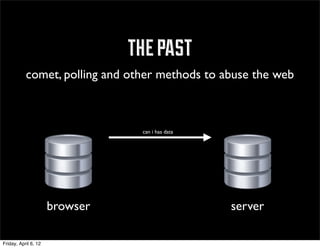 the past
           comet, polling and other methods to abuse the web



                                 can i has data




                      browser                     server

Friday, April 6, 12
 