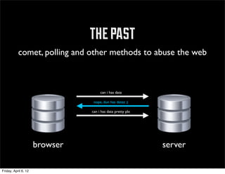 the past
           comet, polling and other methods to abuse the web



                                     can i has data

                                 nope, dun has dataz ;(

                                can i has data pretty plx




                      browser                               server

Friday, April 6, 12
 