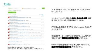 Qiita
日本で一番エンジニアに検索＆コピペされたサー
ビス(たぶん)
エンジニアリングに関わる ありとあらゆる知識を投
稿することができる(記事総数233,200本)
内容は人工知能の作り方から hello worldの出し方
まで千差万別
情報のアウトプットは学びにつながる。どんな内容
でもいいので積極的に記事を投稿 してみよう。
Qiitaへの投稿を確認する企業も増えてきたので、
自分の市場価値を高める 方法としても。自分の投稿した記事に「いいね」が集まるのは、
自分のエンジニアリングスキルを認められたようで気分がいい
 