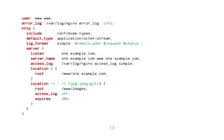 user www www;
error_log /var/log/nginx.error_log info;
http {
include conf/mime.types;
default_type application/octet-stream;
log_format simple '$remote_addr $request $status';
server {
listen one.example.com;
server_name one.example.com www.one.example.com;
access_log /var/log/nginx.access_log simple;
location / {
root /www/one.example.com;
}
location ~* ^.+.(jpg|jpeg|gif)$ {
root /www/images;
access_log off;
expires 30d;
}
}
}
10
 