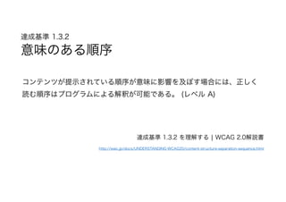 達成基準 1.3.2  
意味のある順序
コンテンツが提示されている順序が意味に影響を及ぼす場合には、正しく
読む順序はプログラムによる解釈が可能である。 (レベル A)
達成基準 1.3.2 を理解する | WCAG 2.0解説書
http://waic.jp/docs/UNDERSTANDING-WCAG20/content-structure-separation-sequence.html
 