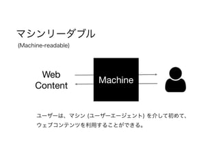 マシンリーダブル 
(Machine-readable)
ユーザーは、マシン (ユーザーエージェント) を介して初めて、
ウェブコンテンツを利用することができる。
Web
Content
Machine
 