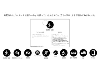 お配りした「ペルソナ拡張シート」を使って、みんなでウェブページの UI を評価してみましょう。
 