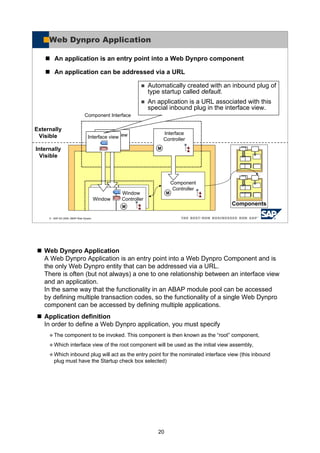 20
Web Dynpro Application
A Web Dynpro Application is an entry point into a Web Dynpro Component and is
the only Web Dynpro entity that can be addressed via a URL.
There is often (but not always) a one to one relationship between an interface view
and an application.
In the same way that the functionality in an ABAP module pool can be accessed
by defining multiple transaction codes, so the functionality of a single Web Dynpro
component can be accessed by defining multiple applications.
Application definition
In order to define a Web Dynpro application, you must specify
The component to be invoked. This component is then known as the “root” component,
Which interface view of the root component will be used as the initial view assembly,
Which inbound plug will act as the entry point for the nominated interface view (this inbound
plug must have the Startup check box selected)
© SAP AG 2005, ABAP Web Dynpro
Web Dynpro Application
An application is an entry point into a Web Dynpro component
An application can be addressed via a URL
Component
Controller
Externally
Visible
Internally
Visible
Components
Component Interface
Interface
Controller
Interface view
Window
Window
Controller
M
M
M
Interface view
Automatically created with an inbound plug of
type startup called default.
An application is a URL associated with this
special inbound plug in the interface view.
 