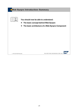 21
© SAP AG 2005, ABAP Web Dynpro
You should now be able to understand:
The basic concept behind Web Dynpro
The basic architecture of a Web Dynpro Component
Web Dynpro Introduction: Summary
 
