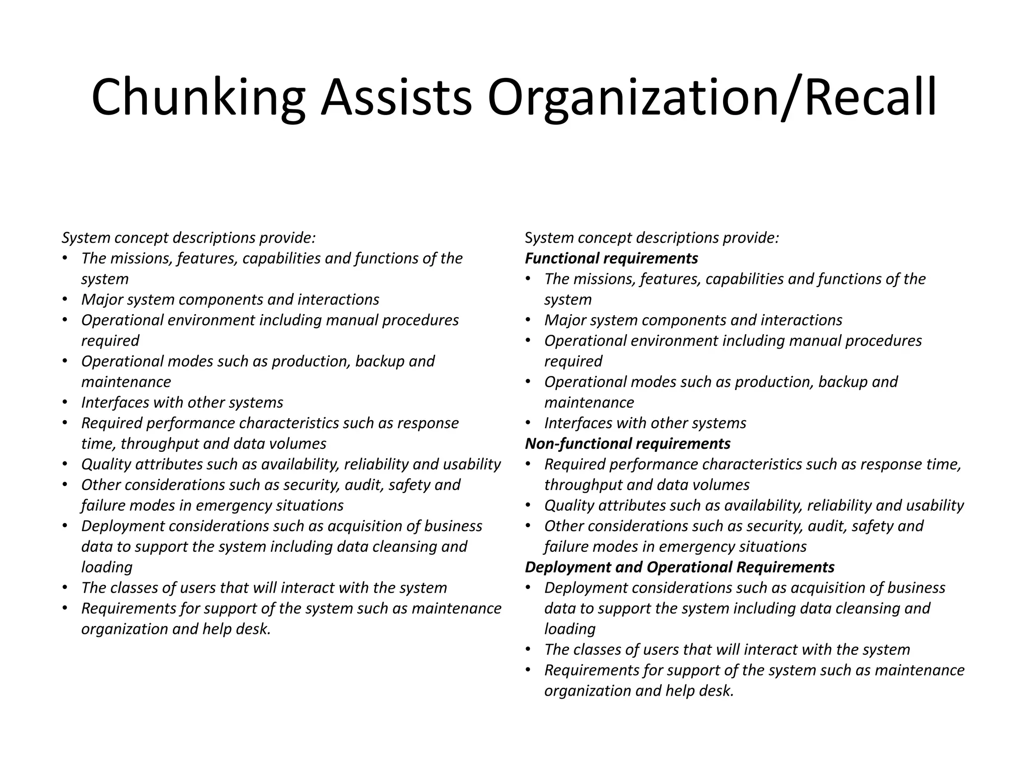 Chunking Assists Organization/Recall
System concept descriptions provide:
• The missions, features, capabilities and functions of the
system
• Major system components and interactions
• Operational environment including manual procedures
required
• Operational modes such as production, backup and
maintenance
• Interfaces with other systems
• Required performance characteristics such as response
time, throughput and data volumes
• Quality attributes such as availability, reliability and usability
• Other considerations such as security, audit, safety and
failure modes in emergency situations
• Deployment considerations such as acquisition of business
data to support the system including data cleansing and
loading
• The classes of users that will interact with the system
• Requirements for support of the system such as maintenance
organization and help desk.
System concept descriptions provide:
Functional requirements
• The missions, features, capabilities and functions of the
system
• Major system components and interactions
• Operational environment including manual procedures
required
• Operational modes such as production, backup and
maintenance
• Interfaces with other systems
Non-functional requirements
• Required performance characteristics such as response time,
throughput and data volumes
• Quality attributes such as availability, reliability and usability
• Other considerations such as security, audit, safety and
failure modes in emergency situations
Deployment and Operational Requirements
• Deployment considerations such as acquisition of business
data to support the system including data cleansing and
loading
• The classes of users that will interact with the system
• Requirements for support of the system such as maintenance
organization and help desk.
 
