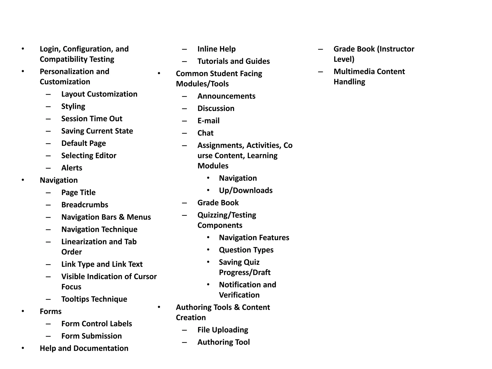 • Login, Configuration, and
Compatibility Testing
• Personalization and
Customization
– Layout Customization
– Styling
– Session Time Out
– Saving Current State
– Default Page
– Selecting Editor
– Alerts
• Navigation
– Page Title
– Breadcrumbs
– Navigation Bars & Menus
– Navigation Technique
– Linearization and Tab
Order
– Link Type and Link Text
– Visible Indication of Cursor
Focus
– Tooltips Technique
• Forms
– Form Control Labels
– Form Submission
• Help and Documentation
– Inline Help
– Tutorials and Guides
• Common Student Facing
Modules/Tools
– Announcements
– Discussion
– E-mail
– Chat
– Assignments, Activities, Co
urse Content, Learning
Modules
• Navigation
• Up/Downloads
– Grade Book
– Quizzing/Testing
Components
• Navigation Features
• Question Types
• Saving Quiz
Progress/Draft
• Notification and
Verification
• Authoring Tools & Content
Creation
– File Uploading
– Authoring Tool
– Grade Book (Instructor
Level)
– Multimedia Content
Handling
 
