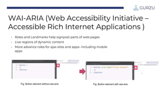 • Roles and Landmarks help signpost parts of web pages
• Live regions of dynamic content
• More advance roles for ajax sites and apps- including mobile
apps
Fig: Button element without wai-aria Fig: Button element with wai-aria
WAI-ARIA (Web Accessibility Initiative –
Accessible Rich Internet Applications )
 
