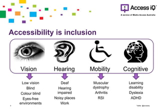 Accessibility is inclusion
Twitter: @accessiq4
Vision Hearing Mobility Cognitive
Low vision
Blind
Colour blind
Eyes-free
environments
Deaf
Hearing
impaired
Noisy places
Work
Muscular
dystrophy
Arthritis
RSI
Learning
disability
Dyslexia
ADHD
 