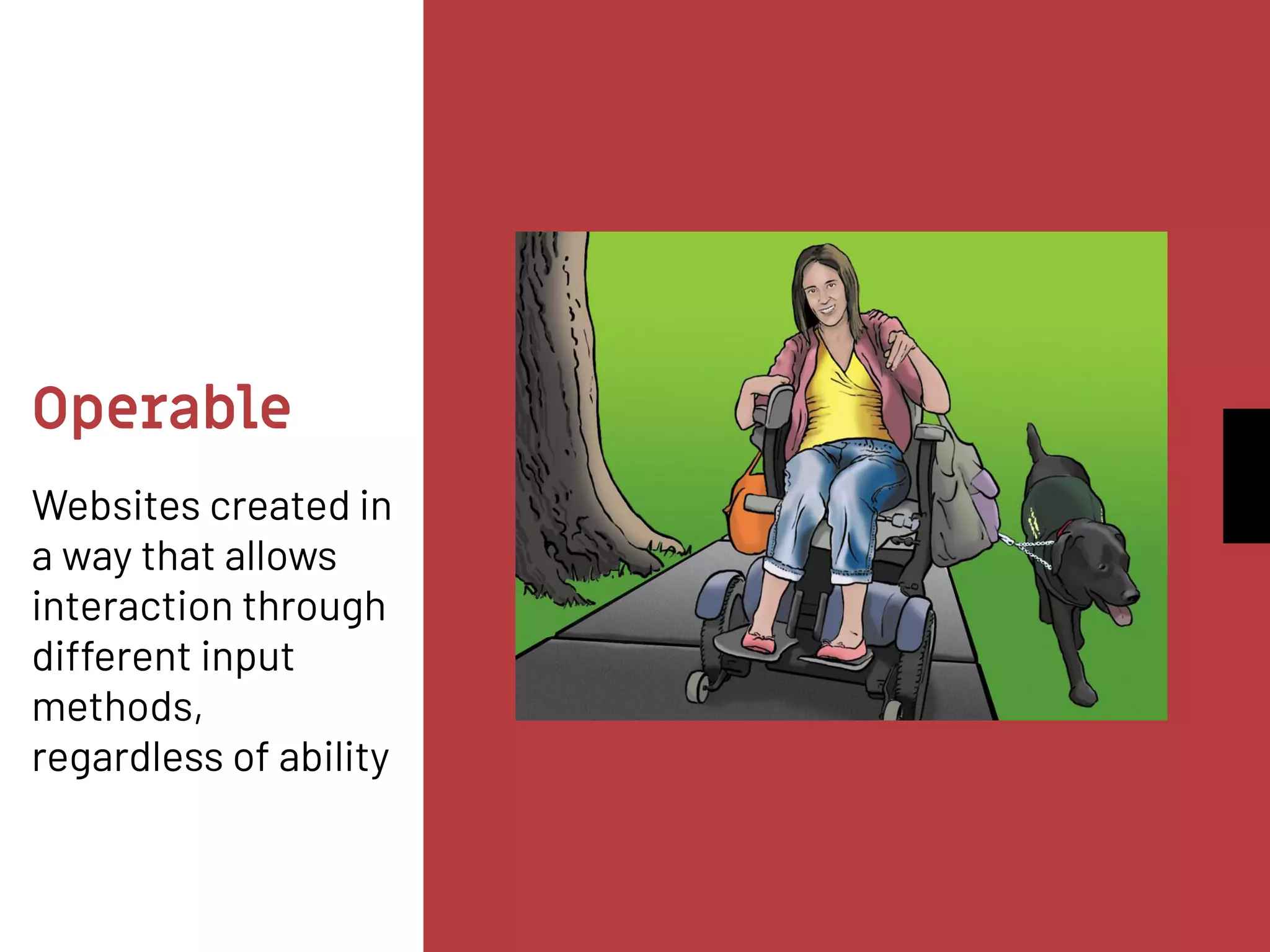Operable
Websites created in
a way that allows
interaction through
different input
methods,
regardless of ability
 