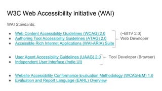 W3C Web Accessibility initiative (WAI)
WAI Standards:
● Web Content Accessibility Guidelines (WCAG) 2.0 (~BITV 2.0)
● Authoring Tool Accessibility Guidelines (ATAG) 2.0 Web Developer
● Accessible Rich Internet Applications (WAI-ARIA) Suite
● User Agent Accessibility Guidelines (UAAG) 2.0 Tool Developer (Browser)
● Independent User Interface (Indie UI)
● Website Accessibility Conformance Evaluation Methodology (WCAG-EM) 1.0
● Evaluation and Report Language (EARL) Overview
 