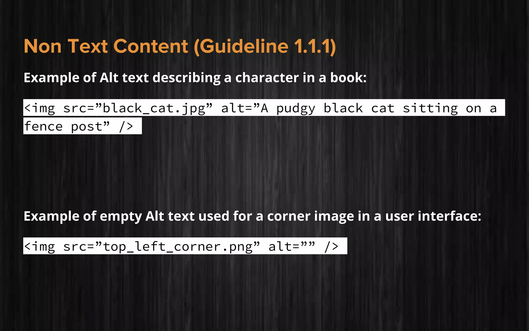 Non Text Content (Guideline 1.1.1)
Example of Alt text describing a character in a book:
<img src=”black_cat.jpg” alt=”A pudgy black cat sitting on a
fence post” />
Example of empty Alt text used for a corner image in a user interface:
<img src=”top_left_corner.png” alt=”” />
 