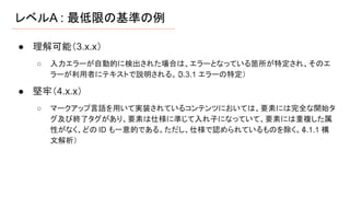 レベルA : 最低限の基準の例
● 理解可能（3.x.x）
○ 入力エラーが自動的に検出された場合は、エラーとなっている箇所が特定され、そのエ
ラーが利用者にテキストで説明される。（
3.3.1 エラーの特定）
● 堅牢（4.x.x）
○ マークアップ言語を用いて実装されているコンテンツにおいては、要素には完全な開始タ
グ及び終了タグがあり、要素は仕様に準じて入れ子になっていて、要素には重複した属
性がなく、どの ID も一意的である。ただし、仕様で認められているものを除く。（
4.1.1 構
文解析）
 