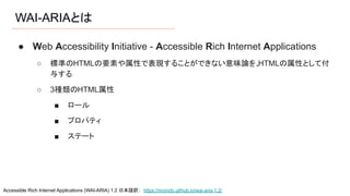 WAI-ARIAとは
● Web Accessibility Initiative - Accessible Rich Internet Applications
○ 標準のHTMLの要素や属性で表現することができない意味論を、
HTMLの属性として付
与する
○ 3種類のHTML属性
■ ロール
■ プロパティ
■ ステート
Accessible Rich Internet Applications (WAI-ARIA) 1.2 日本語訳 : https://momdo.github.io/wai-aria-1.2/
 
