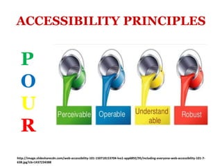 ACCESSIBILITY PRINCIPLES
P
O
U
R
http://image.slidesharecdn.com/web-accessibility-101-150718153704-lva1-app6892/95/including-everyone-web-accessibility-101-7-
638.jpg?cb=1437234388
 