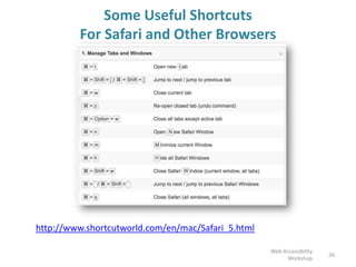 Some Useful Shortcuts
For Safari and Other Browsers
http://www.shortcutworld.com/en/mac/Safari_5.html
26
Web Accessibility
Workshop
 