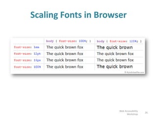 Scaling Fonts in Browser
26
Web Accessibility
Workshop
 