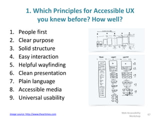 1. Which Principles for Accessible UX
you knew before? How well?
1. People first
2. Clear purpose
3. Solid structure
4. Easy interaction
5. Helpful wayfinding
6. Clean presentation
7. Plain language
8. Accessible media
9. Universal usability
Web Accessibility
Workshop
67Image source: http://www.theartimes.com
 