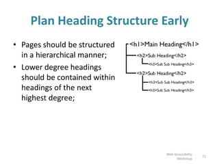 Plan Heading Structure Early
• Pages should be structured
in a hierarchical manner;
• Lower degree headings
should be contained within
headings of the next
highest degree;
71
Web Accessibility
Workshop
 