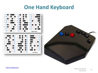 One Hand Keyboard
11
Web Accessibility
Workshop
Source: infogrip.com
 