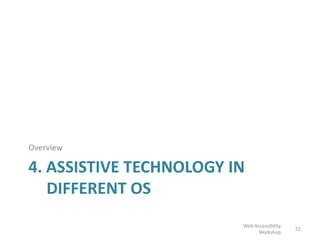 4. ASSISTIVE TECHNOLOGY IN
DIFFERENT OS
Overview
52
Web Accessibility
Workshop
 