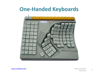 One-Handed Keyboards
9
Web Accessibility
Workshop
Source: enablemart.com
 