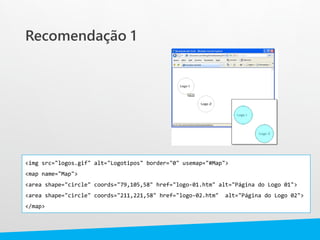 Recomendação 1
<img src="logos.gif" alt="Logotipos" border="0" usemap="#Map">
<map name="Map">
<area shape="circle" coords="79,105,58" href="logo-01.htm" alt="Página do Logo 01">
<area shape="circle" coords="211,221,58" href="logo-02.htm" alt="Página do Logo 02">
</map>
 