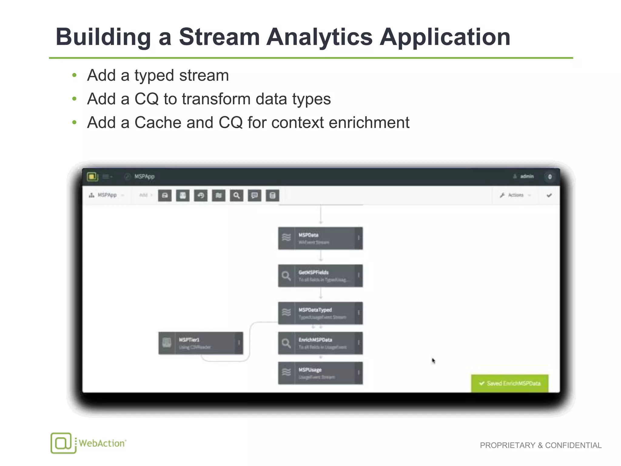 • Add a typed stream
• Add a CQ to transform data types
• Add a Cache and CQ for context enrichment
 
