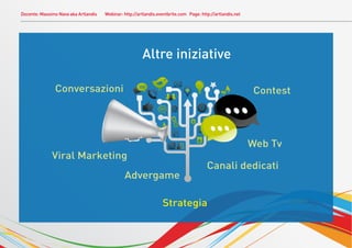 Docente: Massimo Nava aka Artlandis   Webinar: http://artlandis.eventbrite.com Page: http://artlandis.net




                                                        Altre iniziative

               Conversazioni                                                                                Contest




                                                                                                            Web Tv
              Viral Marketing
                                                                                        Canali dedicati
                                               Advergame

                                                                  Strategia
 