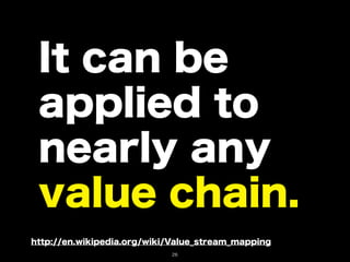 It can be
 applied to
 nearly any
 value chain.
http://en.wikipedia.org/wiki/Value_stream_mapping
                            26
 