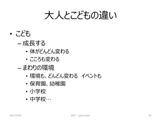 大人とこどもの違い
• こども
– 成長する
• 体がどんどん変わる
• こころも変わる
– まわりの環境
• 環境も、どんどん変わる イベントも
• 保育園、幼稚園
• 小学校
• 中学校…
35
2017/7/24 2017 yukio kubo
 