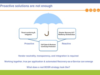 8
Full Cyber & Business
Continuity Protection
Proactive Reactive
Proactive solutions are not enough
Vendor neutrality, transparency, and integration is required
Working together, true per application & automated Recovery-as-a-Service can emerge
What does a real BCDR strategy look like?
Threat monitoring &
mitigation
Disaster Recovery & IT
Resiliency Orchestration
 