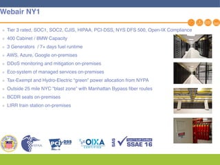 Tier 3 rated, SOC1, SOC2, CJIS, HIPAA, PCI-DSS, NYS DFS 500, Open-IX Compliance
400 Cabinet / 8MW Capacity
3 Generators / 7+ days fuel runtime
AWS, Azure, Google on-premises
DDoS monitoring and mitigation on-premises
Eco-system of managed services on-premises
Tax-Exempt and Hydro-Electric “green” power allocation from NYPA
Outside 25 mile NYC “blast zone” with Manhattan Bypass fiber routes
BCDR seats on-premises
LIRR train station on-premises
10
Webair NY1
 