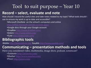 Record – select, evaluate and note
How should I record the useful sites and take notes related to my topic? What tools should I
use to ensure my work is up to date and accessible?
•Microsoft OneNote on the school’s computers and online
http://office.microsoft.com/en-us/web-apps/
•Google docs through your Google account
•DropBox http://www.dropbox.com/
•Zotero http://www.zotero.org/
•iCyte http://www.icyte.com/
Bibliographic tools
•BibMe http://www.bibme.org/ EasyBib http://www.easybib.com/
Communicating – presentation methods and tools
Have you considered video, multimedia, image show, podcast, screencast?
•Animoto http://animoto.com/
•Masher http://www.masher.com/
•Prezi http://prezi.com/
Tool to suit purpose – Year 10
 