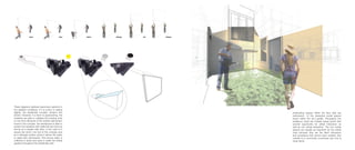 These diagrams address responsive systems to
the weather conditions. If it is sunny or raining
slightly, the residential complex remains two
stories. However, if a storm is approaching, the
residents are able to collapse the housing units
to one story. Because of the double wall system
found in the complex, the architecture is able to
protect the residents with walls that are twice as
strong as a regular wall. Also, in the case of a
severe rain storm, the roof of the complex acts
as a drainage system where it allows the water
to easily flow downwards. This excess water is
collected in tanks and used to water the herbal
gardens throughout the residential units.
Interlocking spaces within the floor plan are
reminiscent of the interactive social spaces
found within the old Leeville. Throughout the
residence, there are multiple pause points that
provide opportunity for verbal interaction as
well as non verbal interaction. The non verbal
spaces are equally as important as the verbal
ones because they are the silent extrusions
and recessions that remind each resident that
Leeville is a community connected and one is
never alone.
 