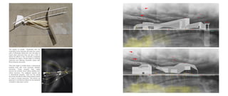 The people of Leeville dissatisfied with the
impending future dystopia will resist the current
path of landscape destruction and will begin to
hoard what resources they can get a hold of
before the effects of the oil industry completely
devastate the region. People begin by fortifying
resources and claiming volumetric space with
flimsy blowout structures.
They then begin to inhabit these 3 dimensional
property lines with more hurricane resistant
structures. These property lines snake
around one another some taking stability from
others structure. The realigned arpents are
3 dimensional property lines but the actual
structures are placed within these arpents based
on need to access resources. This bottom up
approach to architecture allows for the residents
of leeville to take back control.
LIVING INDOOR
ELECTRICITY
ICE
OYSTER
BOAT CHANELS
COMMUNITY SPACE
NAVIGABLE WATER ACCESS
RESIDENTIAL
PEDESTRIAN PATHS
ROAD BED FOUNDATIONS
OIL WELLS
ELEVATED HIGHWAY
ARPENT RESOURCE ACCESS
ARPENT CIRCULATION
LEEVILLE REALIGNED
ELEVATED HIGHWAY SITE KEY [2014]
North
 