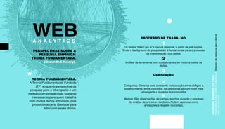 WEB 
A N A L Y T I C S 
conteúdo baseado no livro: 
FRAGOSO,S; RECUERO,R; AMARAL,A. Metodos de pesquisa para internet. 
Editora Sulina.2011 
PERSPECTIVAS SOBRE A 
PESQUISA EMPÍRICA: 
TEORIA FUNDAMENTADA. 
(Grounded theory). 
*TEORIA FUNDAMENTADA. 
A Teoria Fundamentada/ Fundada 
(TF) enquanto perspectiva de 
pesquisa para o ciberspacio é um 
metodo com perspectivas bastante 
interessante para quem trabalha 
com muitos dados empíricos, pois 
proporciona certa libertade para 
lidiar com esses dados. 
PROCESSO DE TRABALHO. 
1 
Os dados “falem por si”e não os observar a partir de pré-noções. 
Onde o background do pesquisador é fundamental para o processo 
de interpretação dos dados. 
2 
Análise da ferramenta com cuidado antes de iniciar a coleta de 
dados. 
3 
Codicação: 
A 
Categorias: Geradas pela constante comparação entre códigos e, 
posteriormente, entre conceitos. As categorias são um nível mais 
abrangente e superior aos conceitos 
B 
Memos: São observações de campo, escritos durante o processo 
de análise de um corpo de dados.Podem aparecer como 
anotações a respeito do campo. 
 