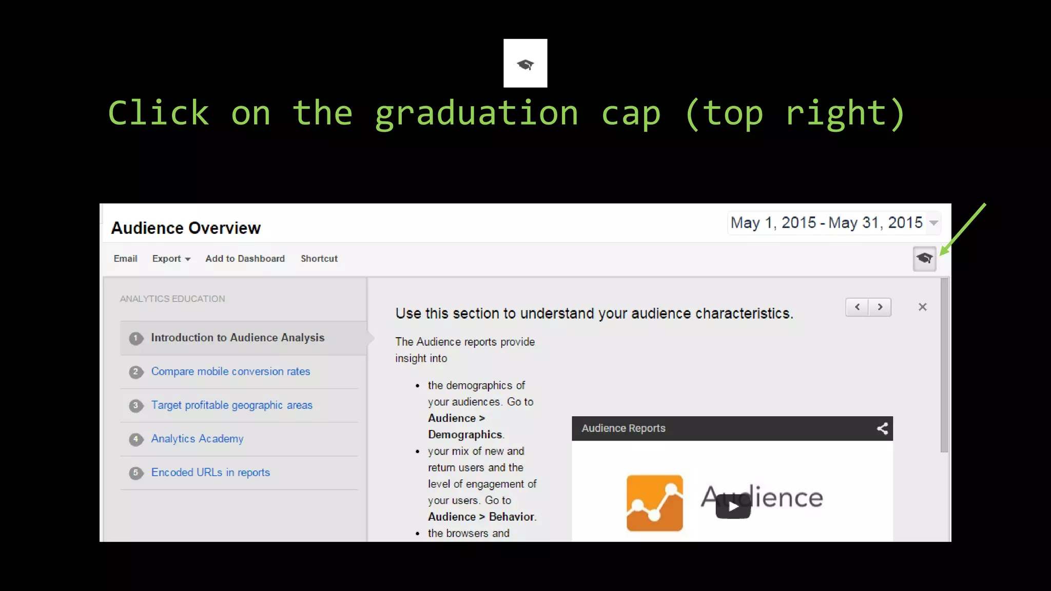 Click on the graduation cap (top right)
 