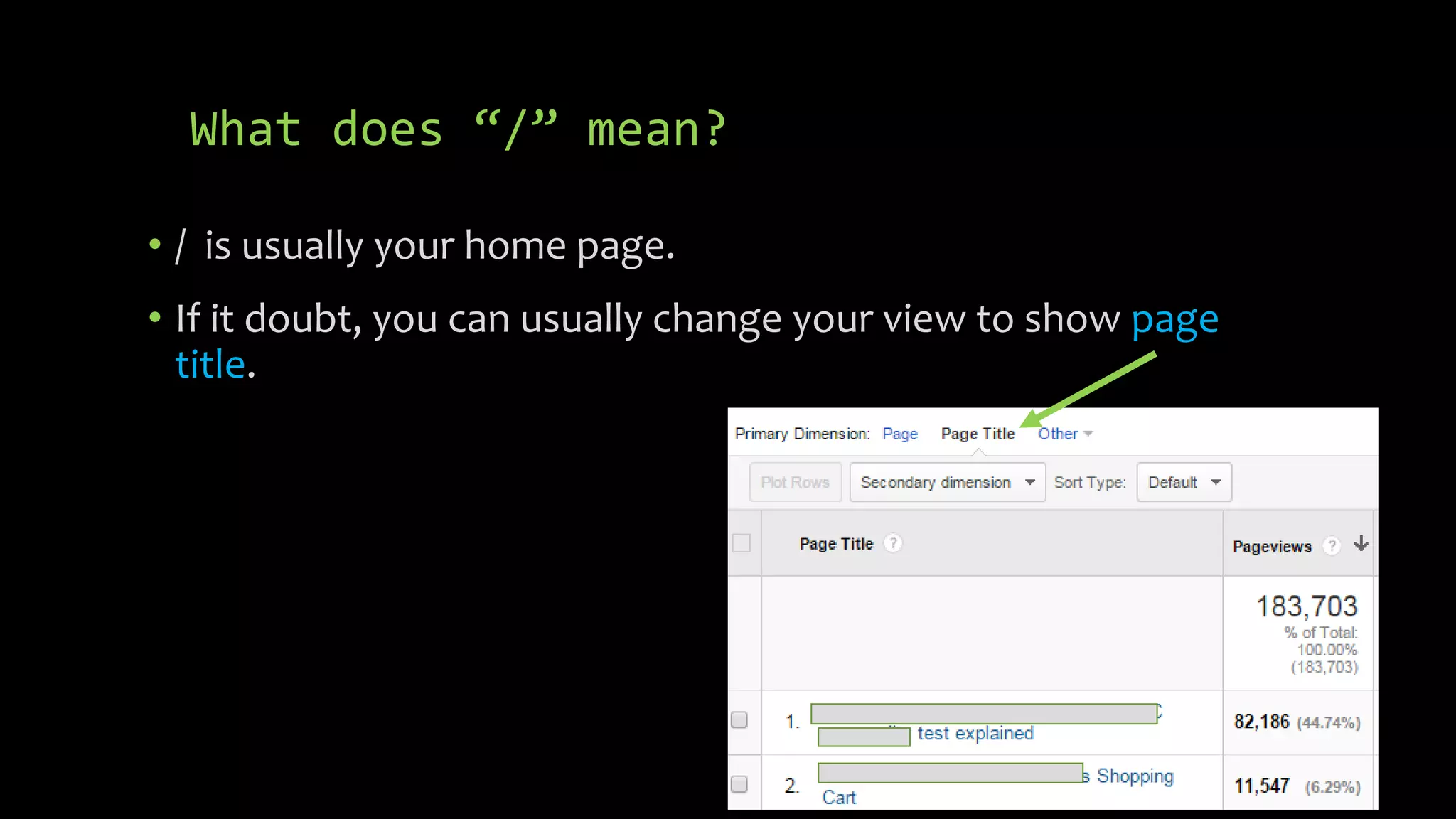 What does “/” mean?
• / is usually your home page.
• If it doubt, you can usually change your view to show page
title.
 