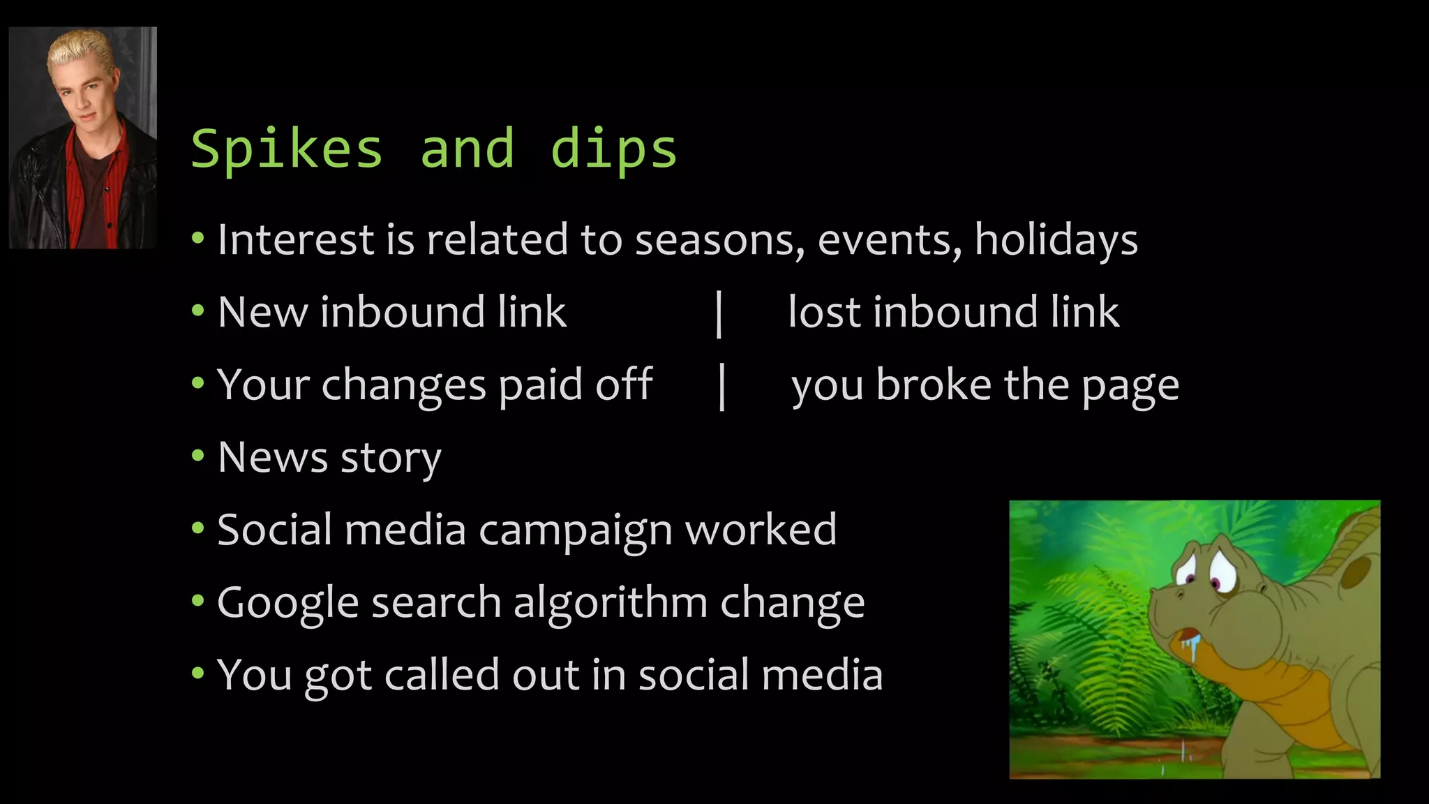 Spikes and dips
• Interest is related to seasons, events, holidays
• New inbound link | lost inbound link
• Your changes paid off | you broke the page
• News story
• Social media campaign worked
• Google search algorithm change
• You got called out in social media
 