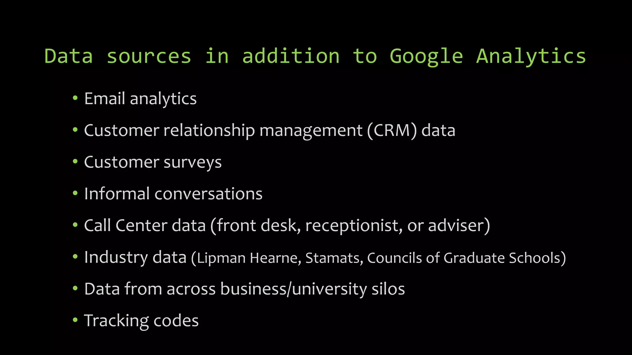 Data sources in addition to Google Analytics
• Email analytics
• Customer relationship management (CRM) data
• Customer surveys
• Informal conversations
• Call Center data (front desk, receptionist, or adviser)
• Industry data (Lipman Hearne, Stamats, Councils of Graduate Schools)
• Data from across business/university silos
• Tracking codes
 