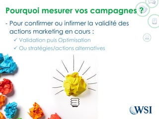 Pourquoi mesurer vos campagnes ?
©2015 WSI. All rights reserved.
- Pour confirmer ou infirmer la validité des
actions marketing en cours :
 Validation puis Optimisation
 Ou stratégies/actions alternatives
 