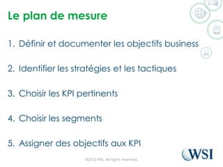 Le plan de mesure
1. Définir et documenter les objectifs business
2. Identifier les stratégies et les tactiques
3. Choisir les KPI pertinents
4. Choisir les segments
5. Assigner des objectifs aux KPI
©2015 WSI. All rights reserved.
 